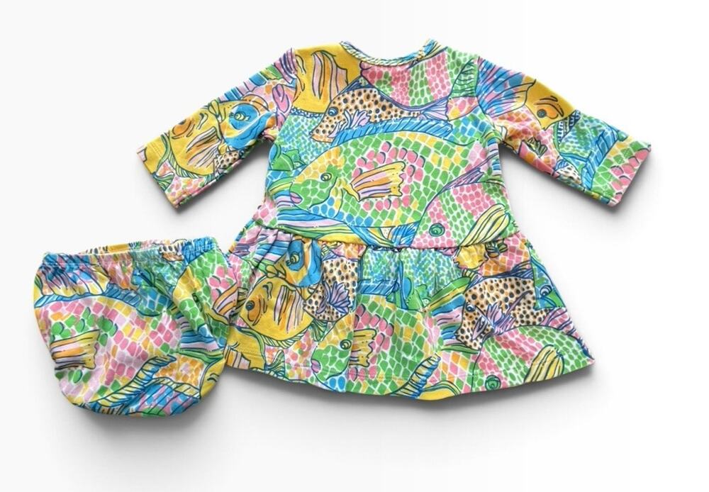 Lilly Pulitzer Baby Dress Matching Bloomers 3-6 Mos. 100% Cotton School Of Fish